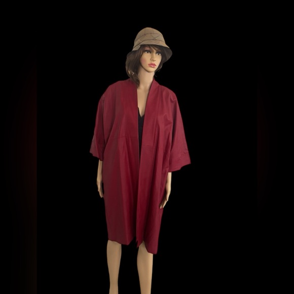 Natori Faux Leather Kimono Long Topper Cardigan Open Front Dark Red Jacket L New - Picture 7 of 9